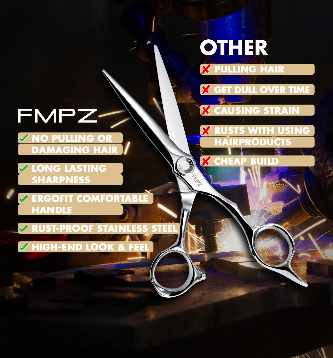 FMPZ 5.5"/6" Precision Hair Shears - 440C Stainless Steel, Salon & Home S3