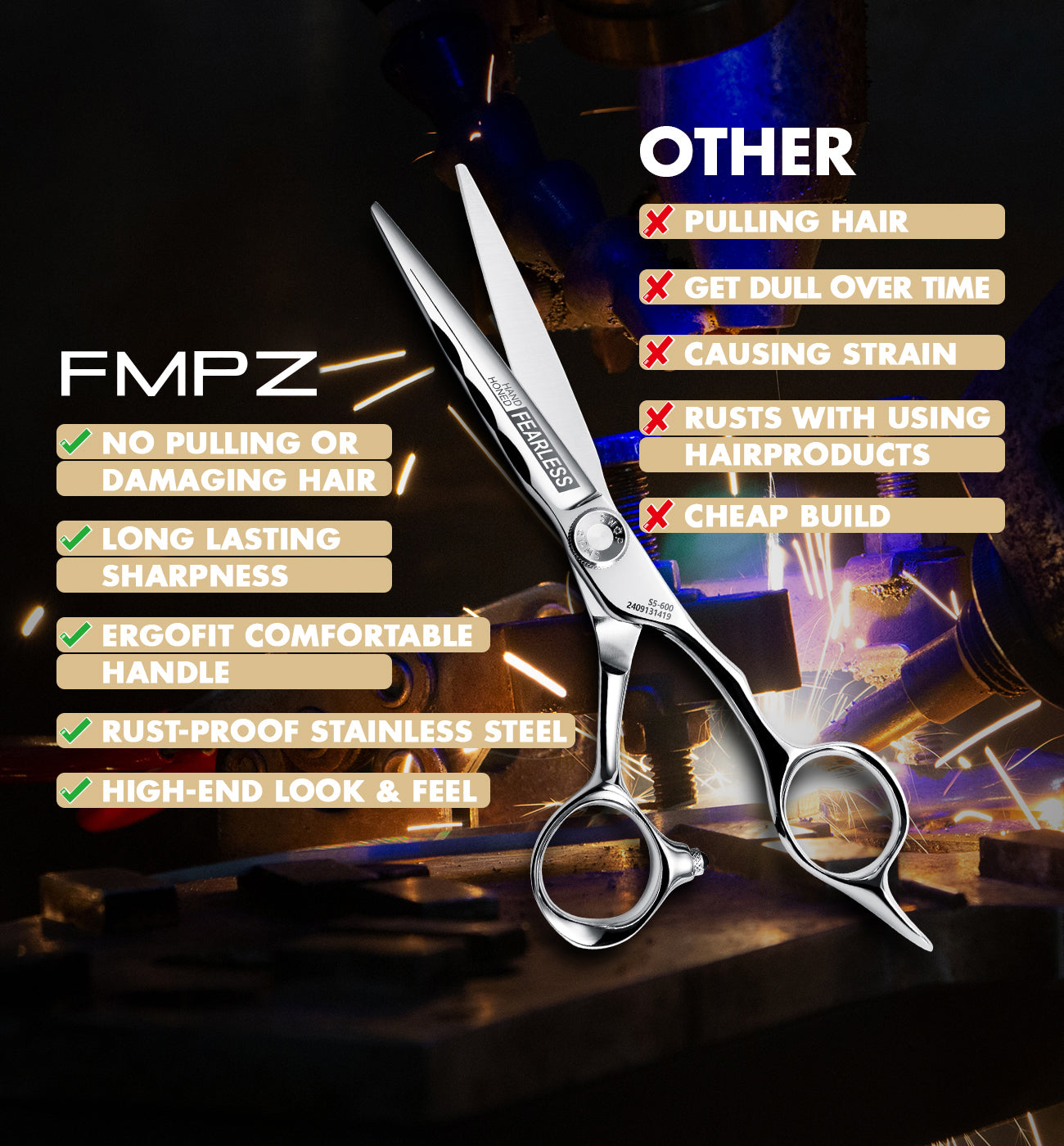 FMPZ Ultra Sharp 440C Stainless Steel Hair Scissors, 5.5-6" for Home & Salon Use 【1.15 Pro-order】S5